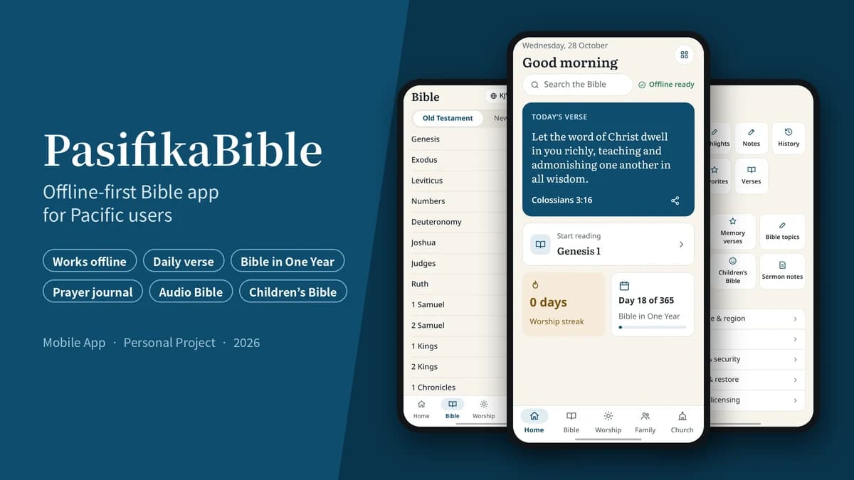 PasifikaBible app showing the home screen with today's verse and the book list