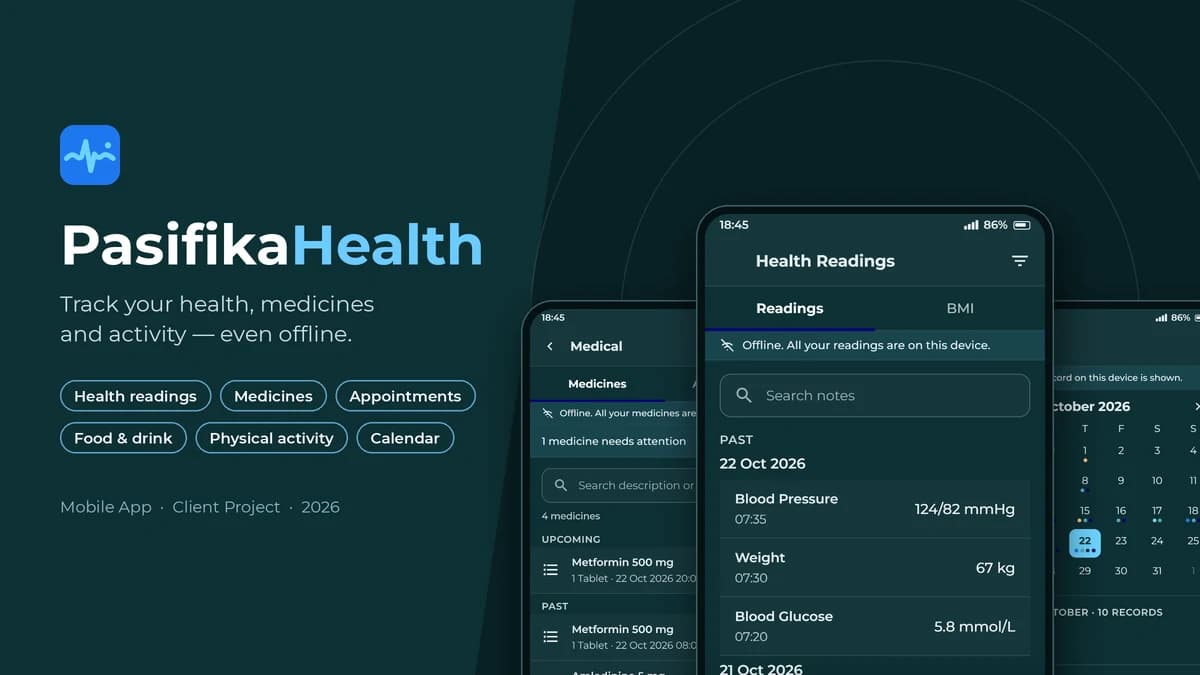 PasifikaHealth app showing the health readings and medicines screens