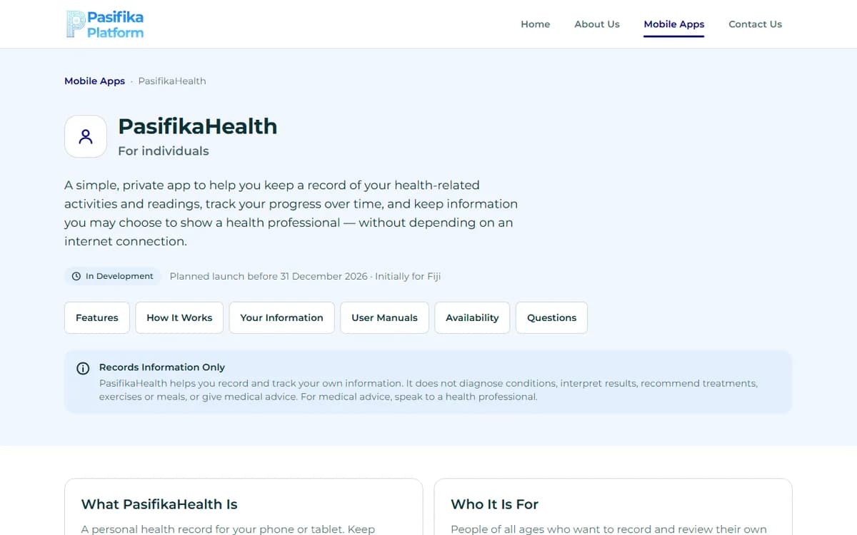 The PasifikaHealth page on the Pasifika Platform website